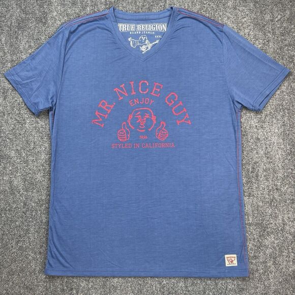 True Religion T Shirt Adult Size XXXL 3XL Mr Nice Guy Logo Blue V Neck - Picture 1 of 10